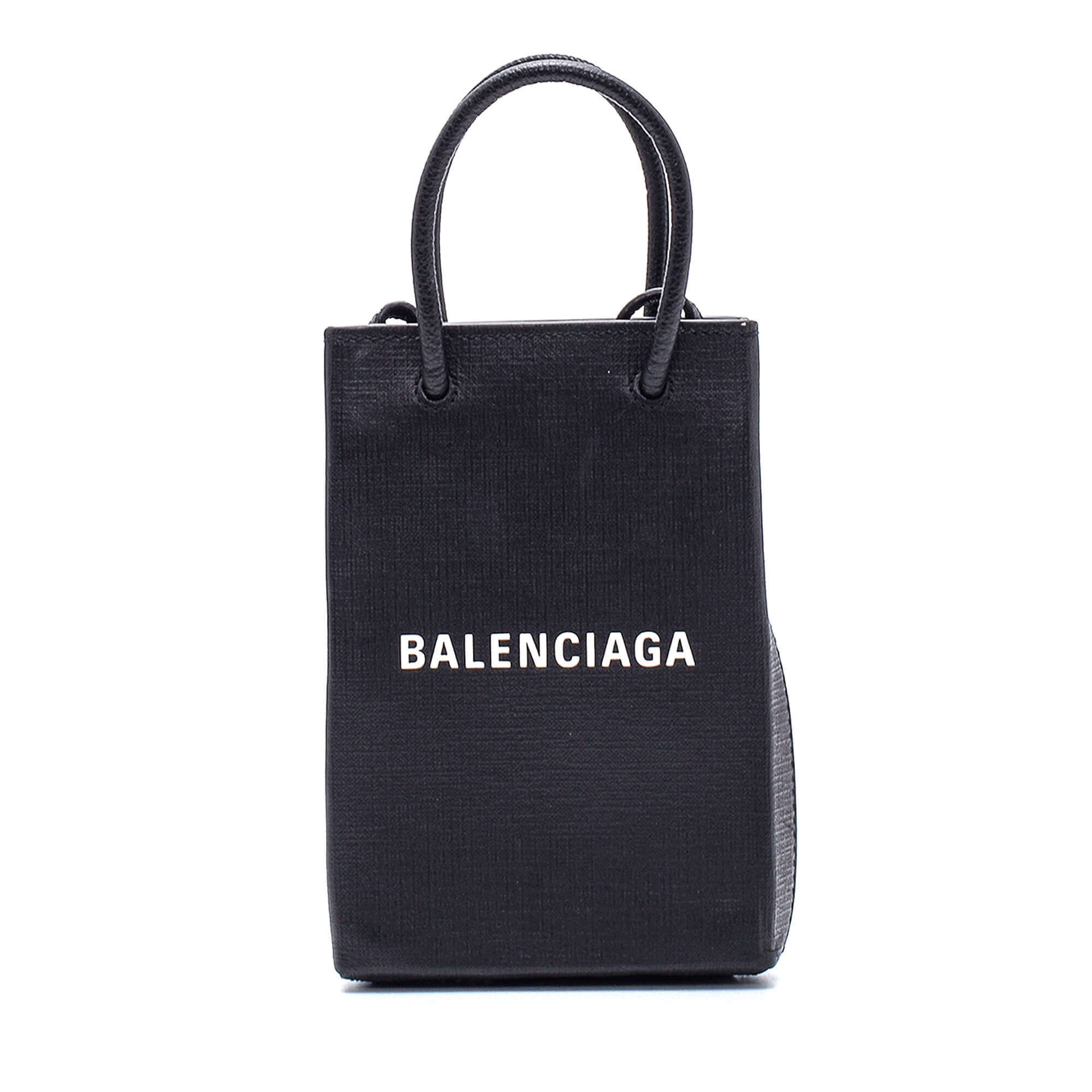 Balenciaga - Black Leather Logo Phone Holder Mini Shopping Bag II